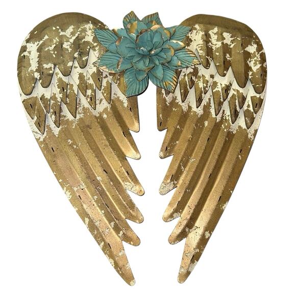 Metal Distressed Wings & Flower Wall Art - Picture 1 of 3